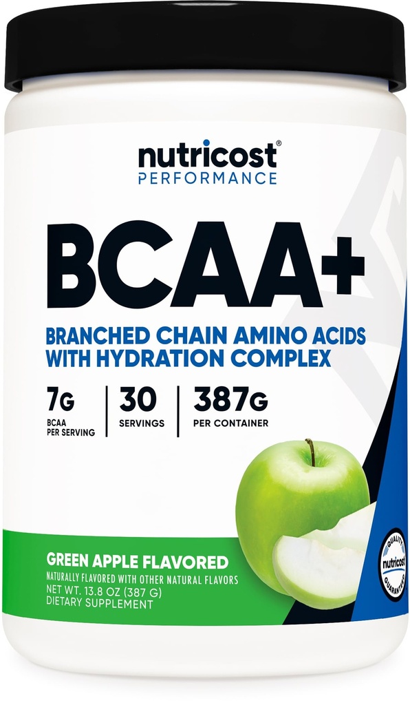 营养成本 BCAA + 水化粉(绿色苹果) 30 服务 - 带水化复合物的分支链氨酸 - 无糖,非GMO
