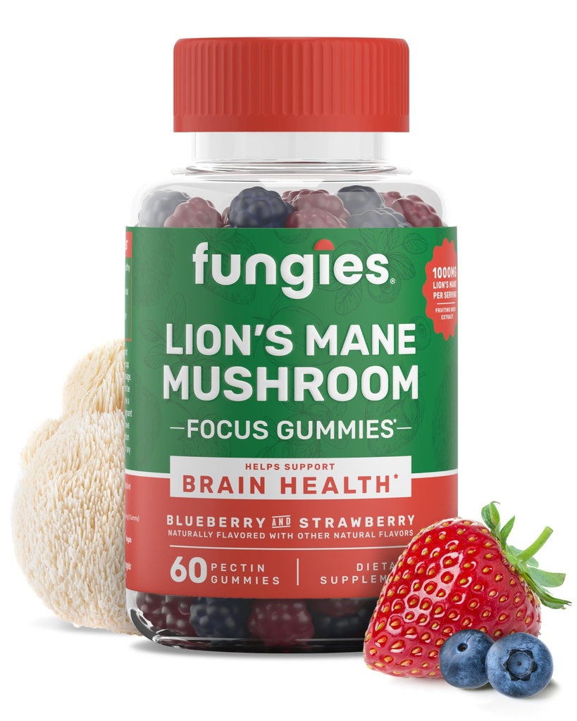 Fungies Lion's Mane蘑菇包,混合蓝莓和草莓Flavor - 蘑菇补充 成人与儿童的Gummy 支持大脑健康,认知功能,焦点,记忆和Mood,60种服务