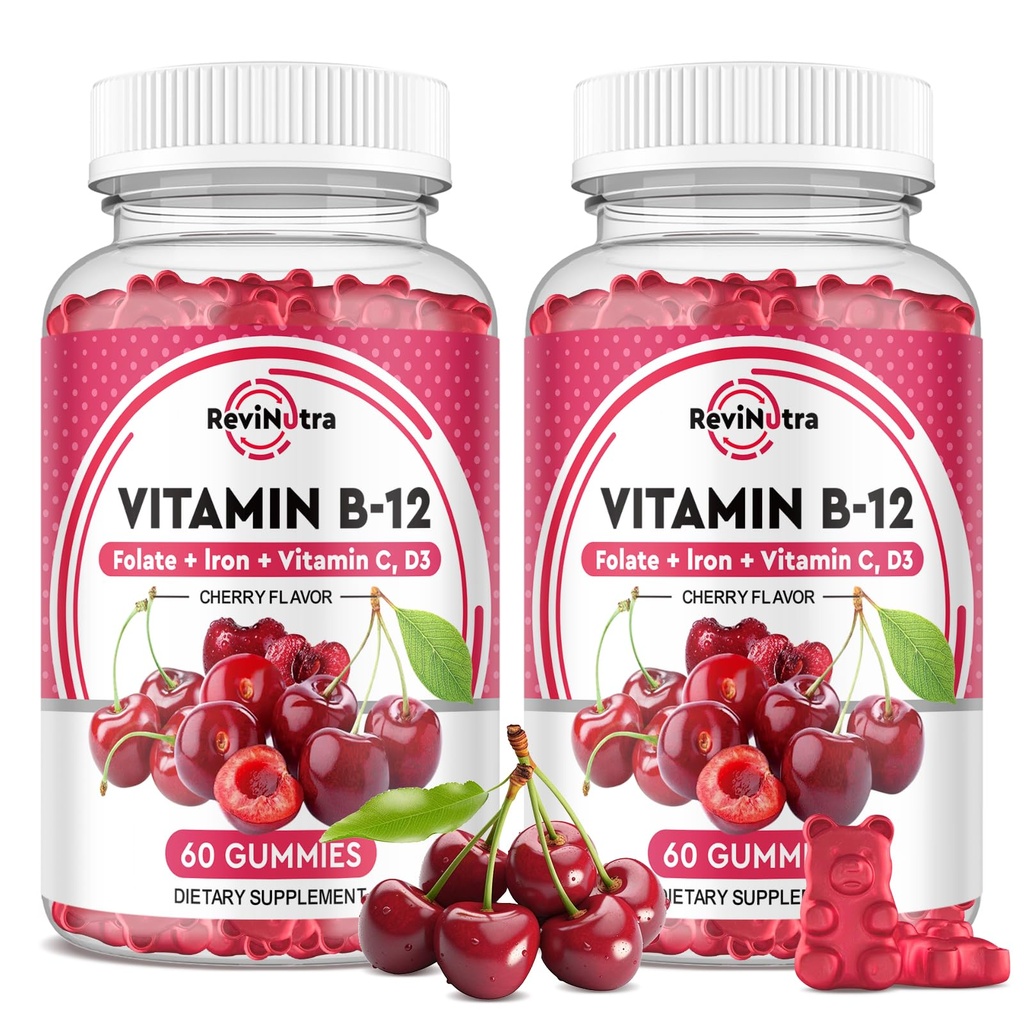 维生素B12 Gummys - 5000 mcg 甲基Cobalamin with Iron, Vitamin C, D3 & Folate, 能量支持和代谢, Immune, B-12 复杂的男女厨艺补充, 120 Count, 2 Pack