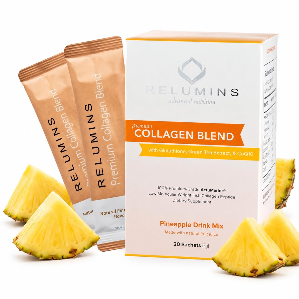 发光器 Marine Collagen Power Drinch Mix - 带Glutathione的Collagen Peptide, 绿茶, CoQ10, & Hyaluronic酸靴 光滑皮肤 - 100 Powder Sachets x Pineapple Flavored + 10 Free Sachets