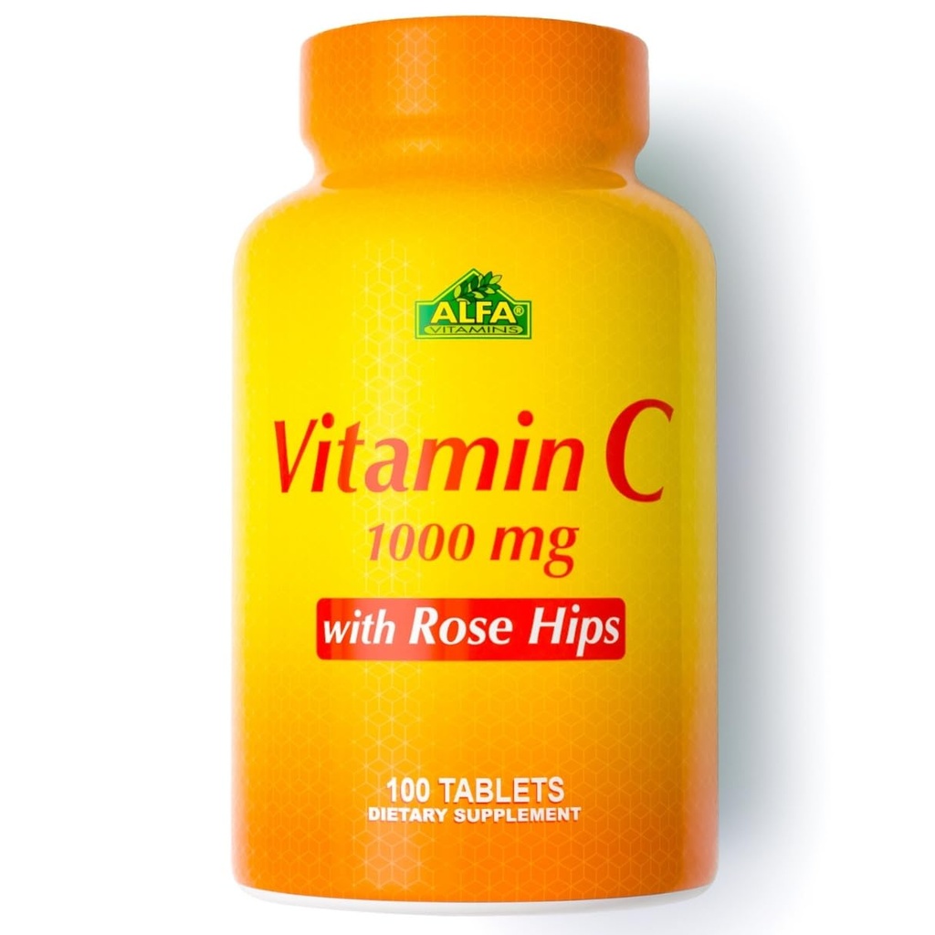 ALFA VITAMINS 维生素C, 玫瑰 HIPS, 每服1 000毫克维生素C - 抗氧化剂和免疫支持 + 支持健康皮肤和联合体 - 非转基因生物, Vegan, Gluten Free, 奶制品自由 - 100 平板电脑