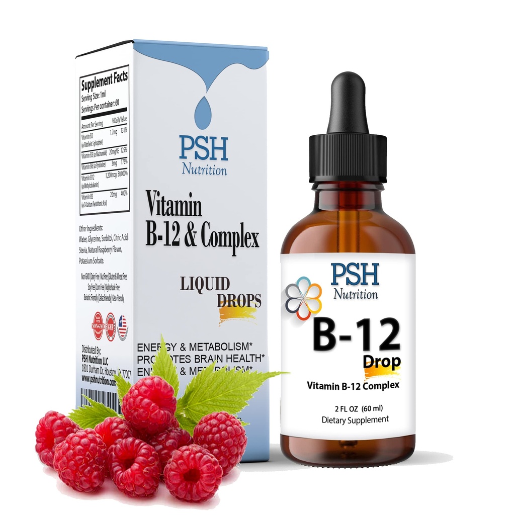 含B12的复杂液体滴水装置 PSH B - 天然能源助推器 - 美国制造的能源和重点压力缓解及能源和免疫支持补充剂 - 2 fl oz