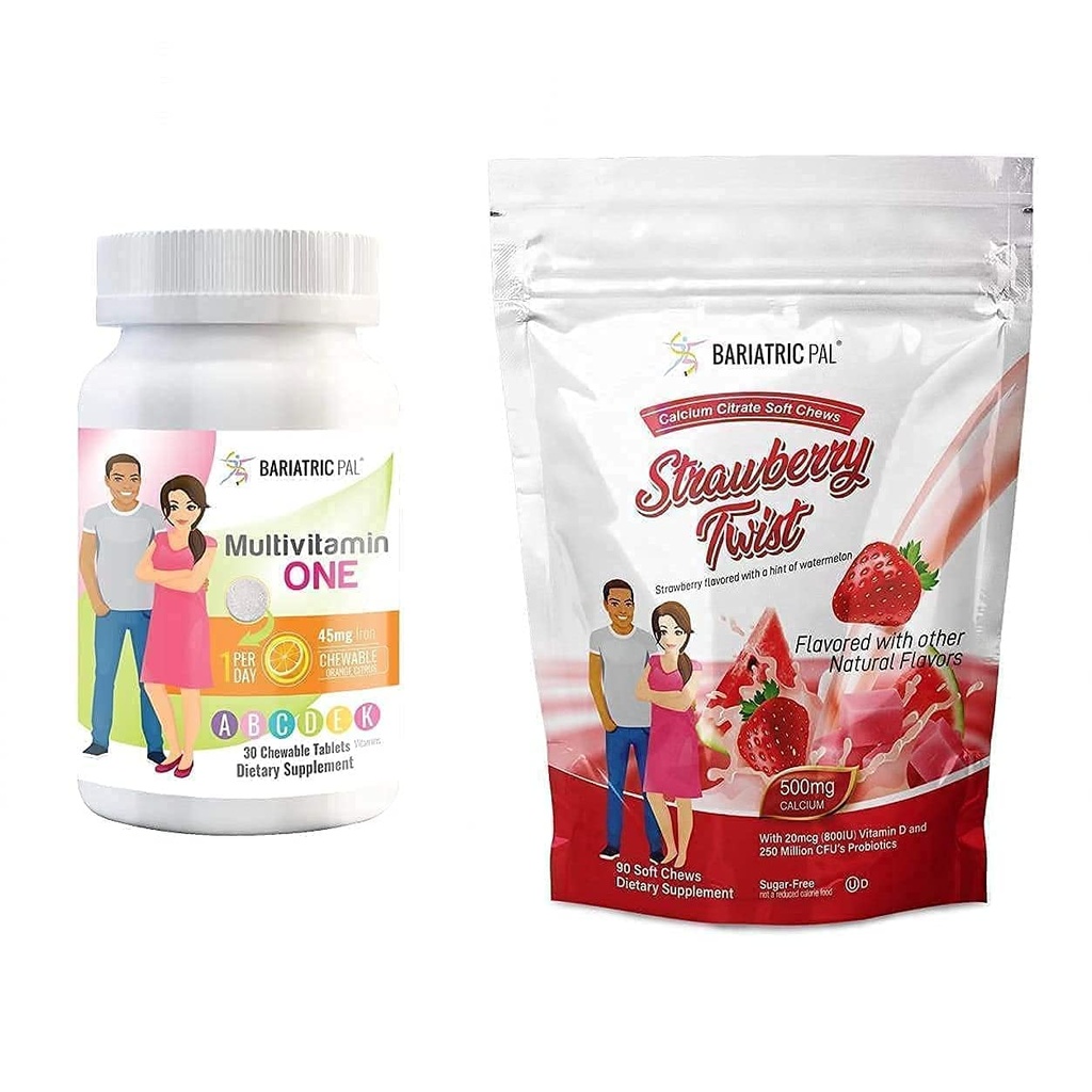 BariatricPal 30天Bariatric Vitamin Bundle(多维他命一日一号)! 与45mg的铁合金-橙色柑橘和钙 Citrate Soft Chews 500mg with Probiotics - 草莓卷轴)