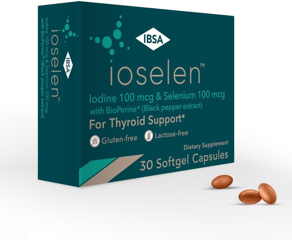 Ioselen - Thyroid Support Supplement – 100 mcg Selenium, 100 mcg Iodine, 5mg BioPerine - 30 Soft-Gel Caps for Increased Bioavailability and Absorption - Gluten-Free, Lactose-Free, Sugar-Free, Non-GMO