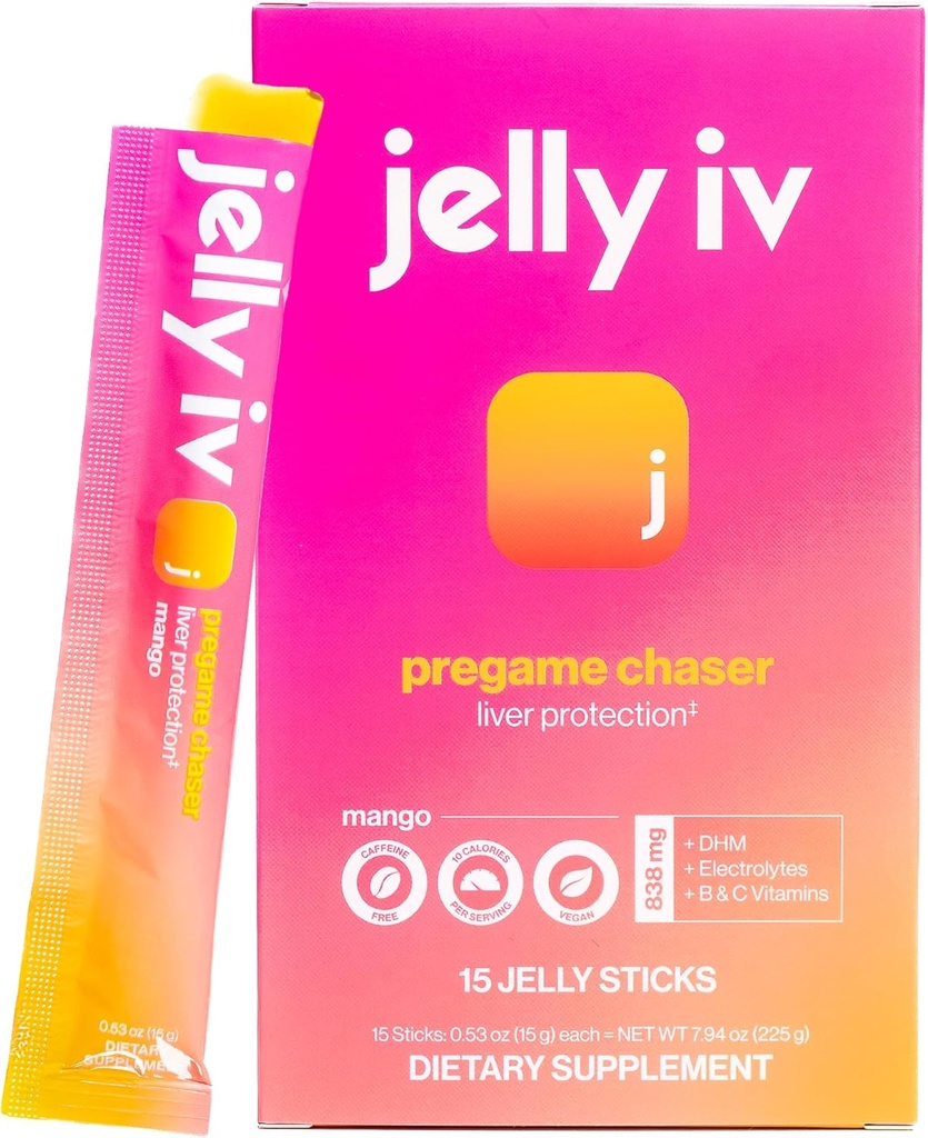 Fast Morning Relief Stick by Jelly IV - 天然电解石和肝脏支持恢复 - Nausea 降低DHM - B维生素 - 植物基裂纹Jelly Sticks - 15 Pack
