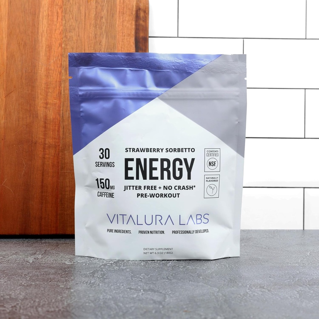 维塔卢拉实验室 预研粉 - 咖啡因,Theacrine, Rhodiola & L-Thenine for Energy & Endurance - NSF 内容认证 - 草莓 Sorbetto Flavored - 30 services