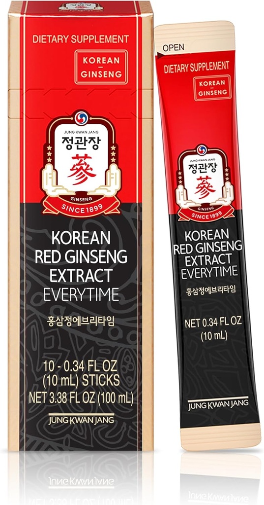 Jung Kwan Jang 韩国红金星的抽取 每一次3000mg 糖无能源补充, Ginseng 茶, Ginseng 补充, 韩国食品 QQ 能源靴, Stamina QX 10 计数