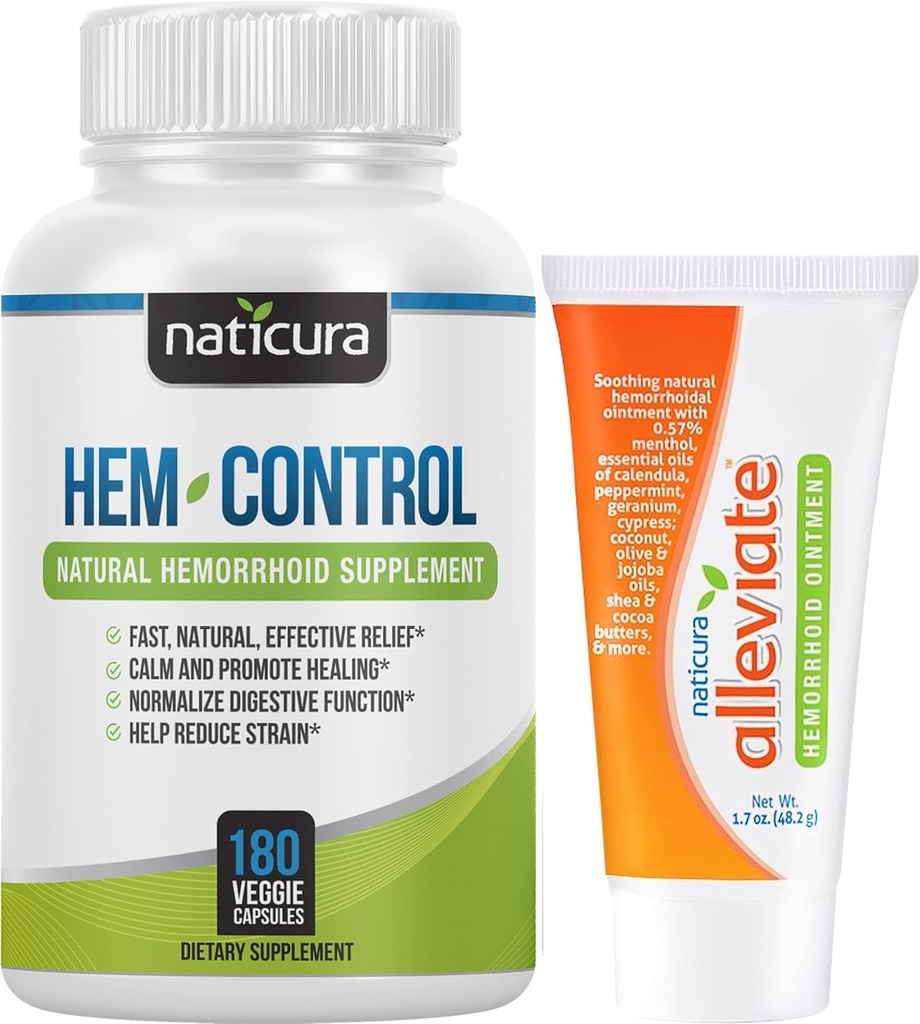 Bundle - Hem-Control Vegan Digestive Support Supplement (180 Count) and Alleviate Natural Hemorrhoid Relief Cream for Burning, Itching and Swelling (1.7 oz) Plus 2 Travel-Size Tubes