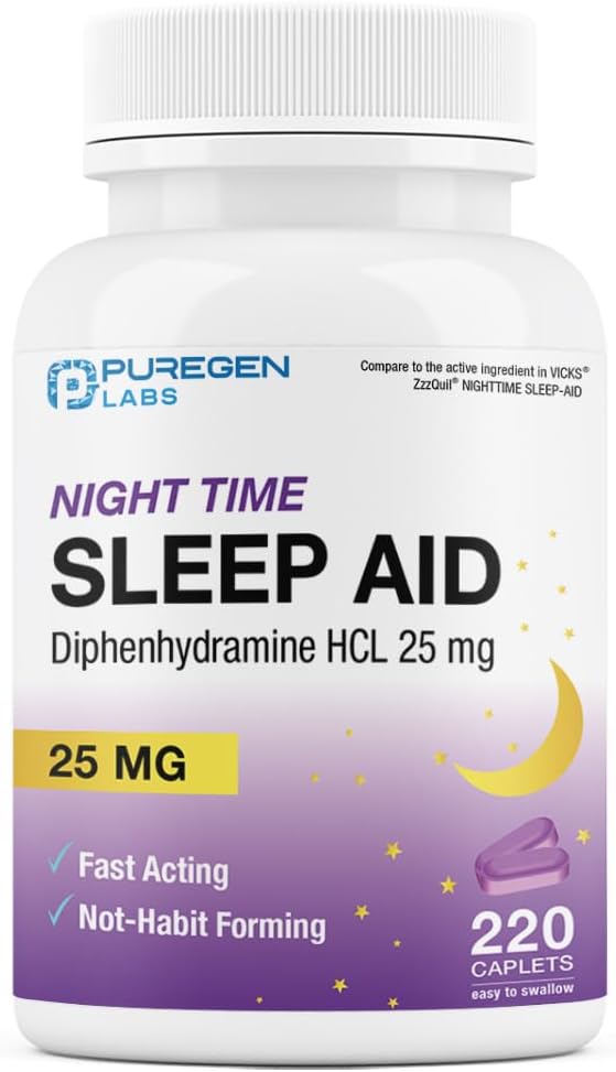 Puregen Labs Sleep Aid Caplets,二苯胺HCl 25mg - 220 Counter 支持深点,休眠,Non Habit-Forming在美国制造