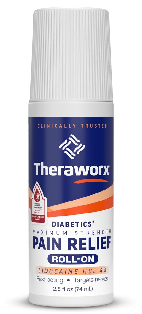 Theraworx 最大强力糖尿病患者的疼痛救济滚滚与利多卡因 - 2.5 oz - 1 计数