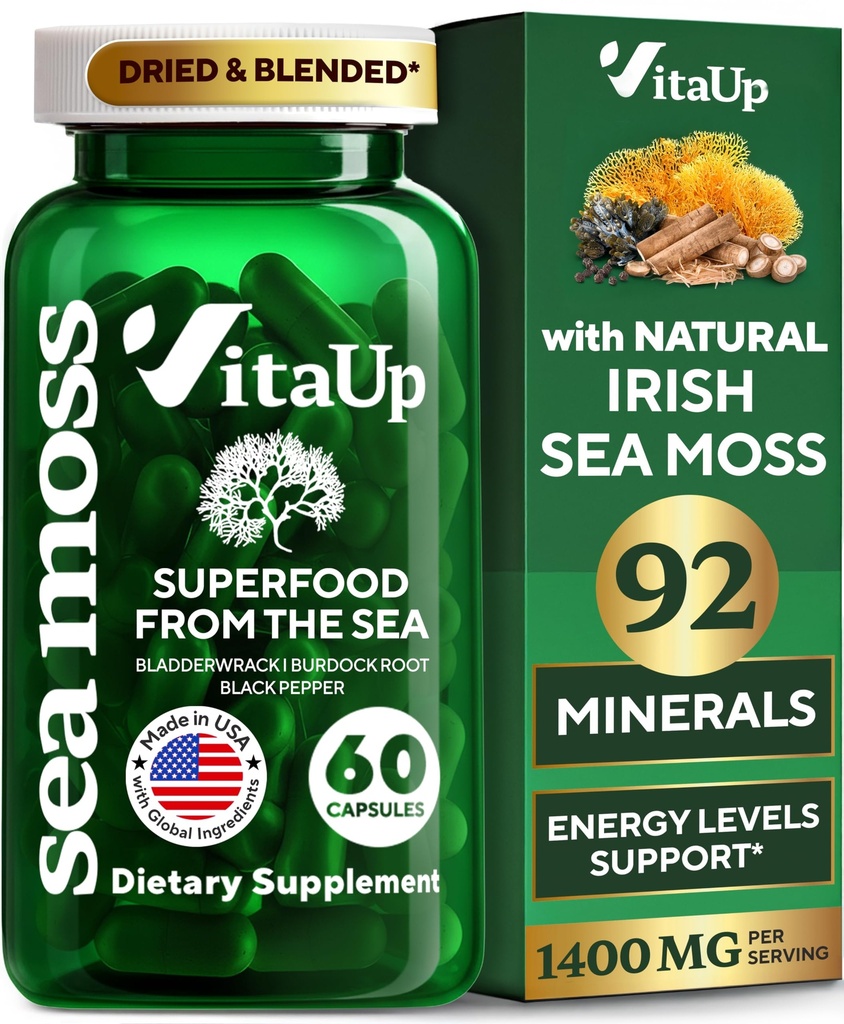 爱尔兰野生海苔(英语:Irish Sea Moss Capsules) 配有Burdock Root & Bladderwrack - 美国制造海苔(英语:Made Sea Moss) 头发,皮肤,Immune & Energy 等级支持 - SeaMoss Pills - 60 Vegan Capsules
