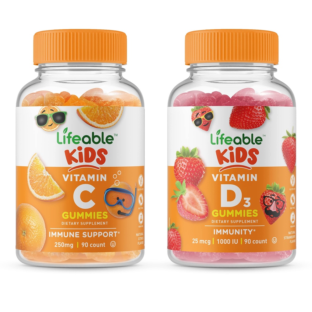 活生生的维生素D儿童+维生素C儿童,Gummys Bundle - 大品尝,维生素补充,Gluten Free,GMO Free,Chewable Gummy