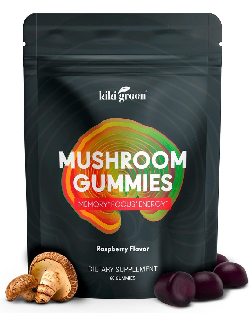 KIKI Green Mushroom Gummys with Lion's Mane and 9 Adaprogen Superfoods Blend - 查加,红瑞西,科迪塞普斯,诗竹,黑芬古斯 QQ 60 Count, 10:1 摘录