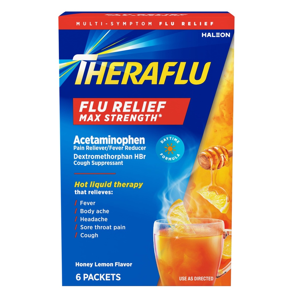 Theraflu Max 烈性日间流感药用乙酰氨基苯和Dexteromethophan HBr,Honey Lemon Flavored - 6 Powder Packets