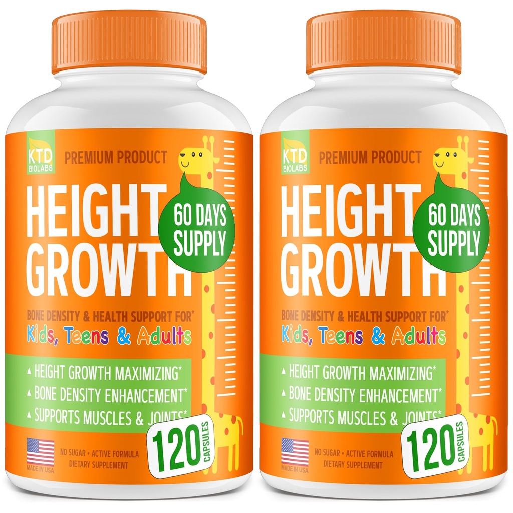 Kids Height Growth Support Capsules 2 Pack – Extended Development Formula with Calcium, Vitamin D3 & Zinc – Bone & Nutrition Support for Kids & Teens – Amino Blend – 240 Capsules Total