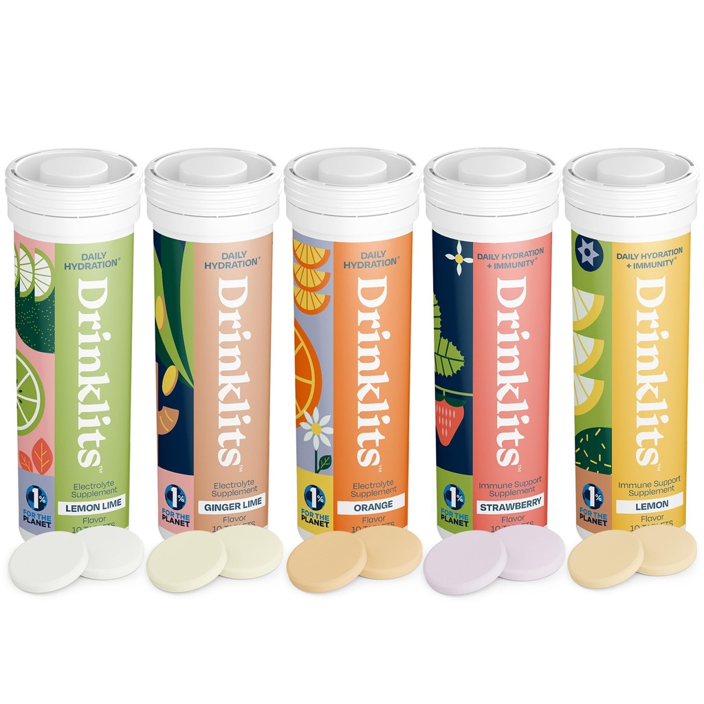 Drinklits Daily Hydrition + Immune Support (5) Flavor Combo Pack → 香味水果火焰 - 0g糖 - 每日使用 → 5 Tubes/50 services (每Tube有10块牌匾)