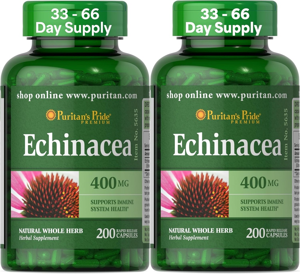 清教徒的荣耀珍品 Echinacea自然全草药草补充400mg,健康饮食补充,免疫系统支持,200快速释放卡普尔,2包
