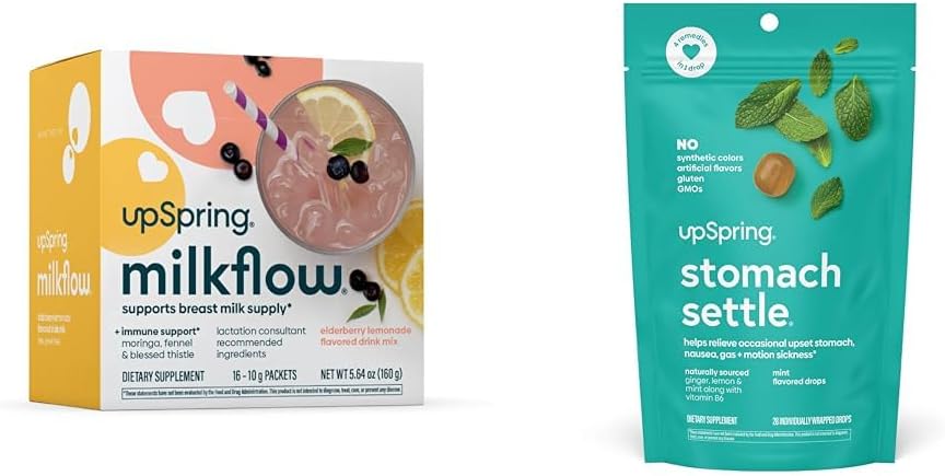 UpSpring Stomach Settle Drops, Mint Flavour, 28 Ct+Millkflow 母乳喂养补充饮料 与莫林加和祝福的硝酸盐混合,无 Fenugreek | Elderberry Lemonade Flavor 16 饮料混合