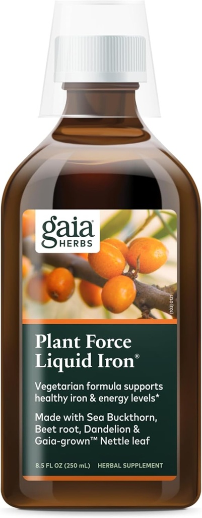 Gaia Herbs Plant Force 液态铁 - 蔬菜铁补充剂 帮助维持健康铁和能源水平 - 配有 Star Anise, Sea Buckthorn, Beet Root, Dandelion & Nettle - 8.5 Fl Oz(25架服务机)