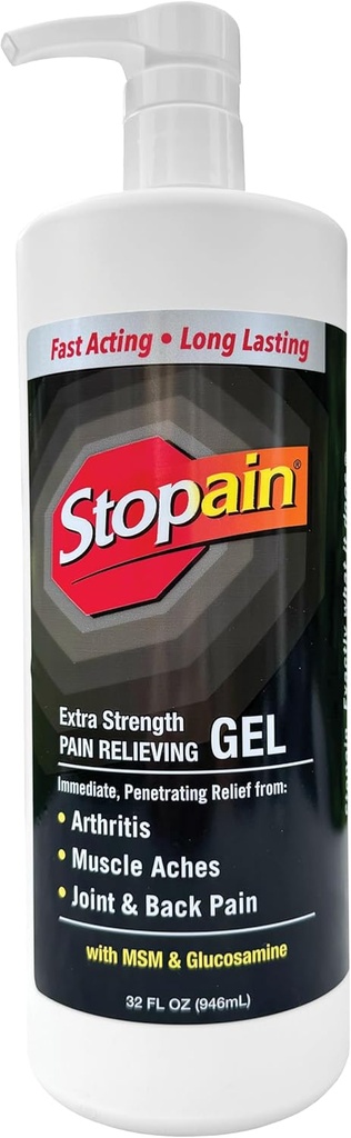 Stopain Pain Relief Gel 32oz, USA Made, Max Treng Fast Action with Menthol, MSM, Glucosamine for Joint Pain, Back Pain, 关节炎, 膝盖, Neck Pain, HSA FSA 批准 OTC 专题止痛药产品