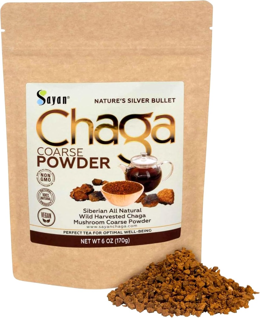 Sayan Siberian Prure Raw Coarse Chaga Powder 6 Oz / 170g – Premium 野生森林收获超级抗氧化剂茶 – 支持免疫系统和消化健康 – 聚焦,能源,清晰,健康 - 非GMO