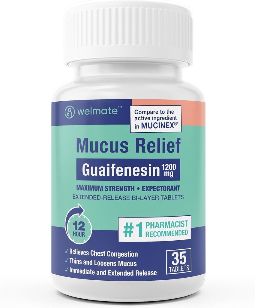 WELMATE - Guaifenesin 1200mg(35块) - Mucus Relief - 期望剂 - Cough & Cold - 12 Hr 支持 - 扩展 - 释放 Bi-Layer 药片 - 超Counter药剂