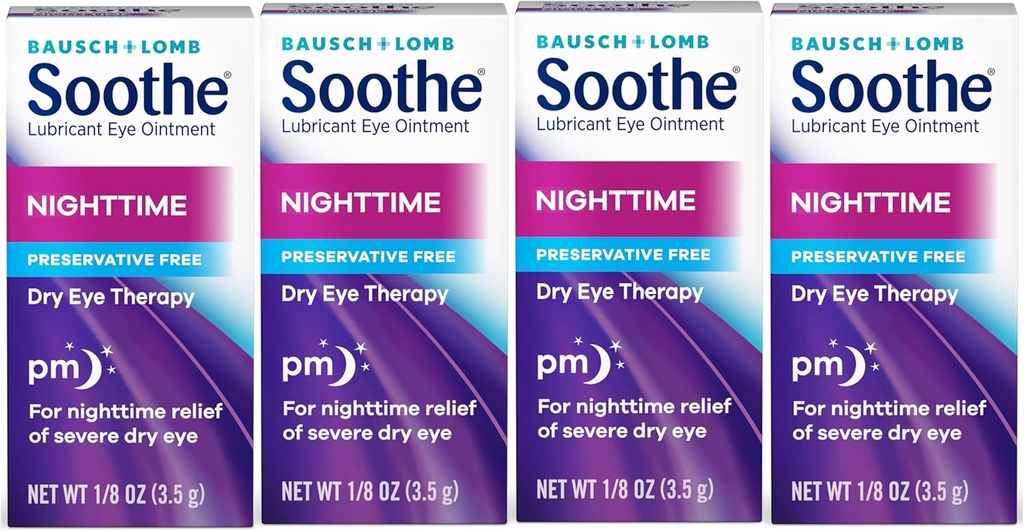 Bausch & Lomb的苏氏眼膏、干眼润滑剂救济剂、润滑剂和舒适的夜间干眼疗法、适用于敏感眼睛、无防腐剂、3.5克-4包装