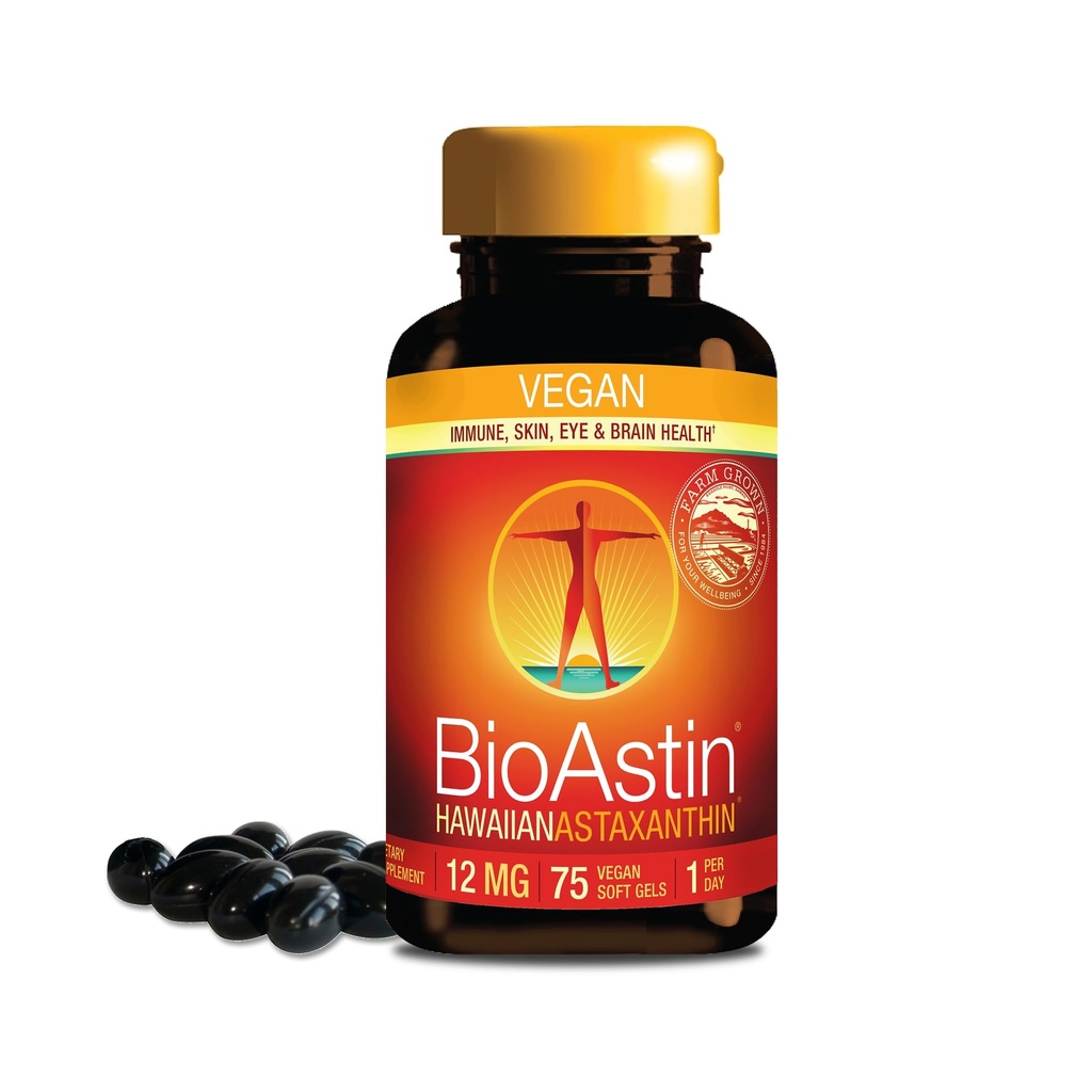 Nutrex 夏威夷 Vegan BioAstin 夏威夷 Astaxanthin - 12mg, 75 Softgels - 农场-直肠抗氧化剂补充剂 支持眼、皮肤、联合和免疫系统健康 - 非GMO和无胶体