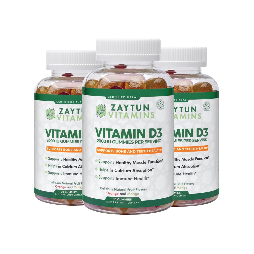 Zaytun Halal Vitamin D3 2000 IU Gummys,支持骨和免疫健康,促进肌肉功能,Gluten & Gelatin Free, (3-Pack) - 美国制造