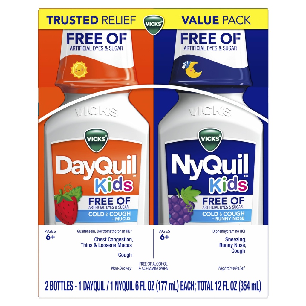 Vicks Kids DayQuil & NyQuil Cold & Cough Relief Liquid Co-Pack, Free Antificial Dyes & Sugar, 多音节缓解咳嗽, 打喷嚏, Runny Nose, Mucus, 和胸腔摄入, 年龄6岁以上, 2x6oz