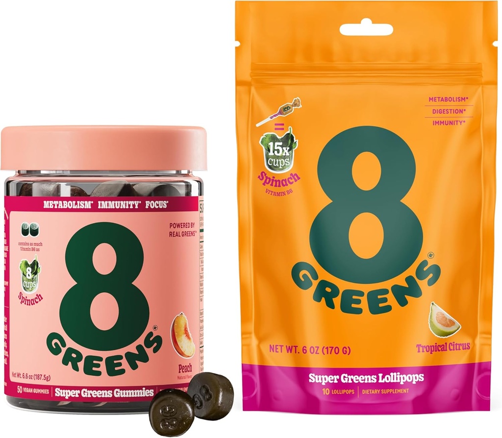 8 Greens Daily Greens Gummys and Lollipops, Energy & Immune Support, Gluten - Free, Vegan, 非 GMO, 无人工颜色 & Flavors