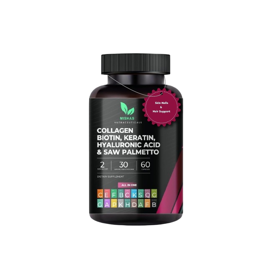 多科拉根毛药丸 - Biotin 10,000mcg, Keratin & Hyaluronic Acid - 头发生长 - 毛皮和直肠维生素 & DHT Blocker - 维生素 E 酸性南瓜种子MSM, Saw Palmetto 60 Vegan Capsules
