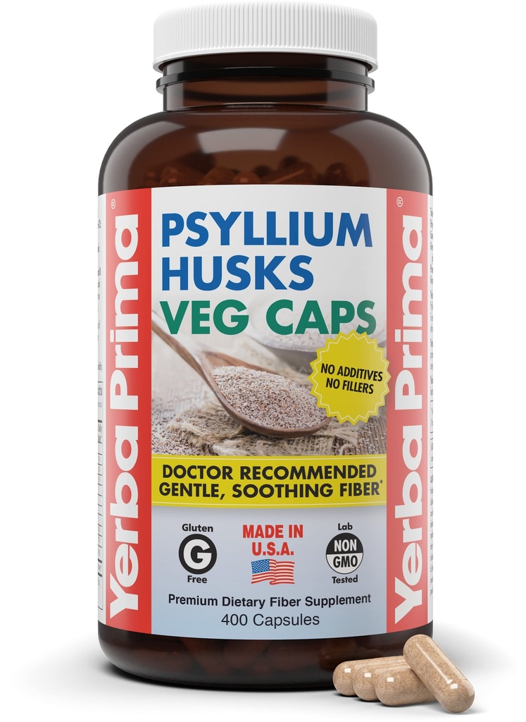 Yerba Prima Psyllium Husks Veg Caps, 400 Capsules (625mg) - Vegan, Non-GMO, Gluten Free, Colon Cleanser, 古特健康与规律的每日纤维补充
