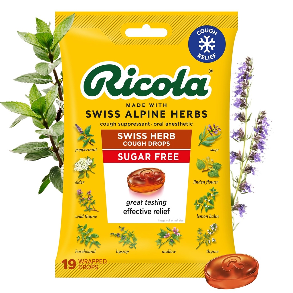 Ricola Free Switzeral Herb Cough Drops, 19 Counter, Cough Sprintant & Throat Relieving Drops with Natural sourced Menthol, 为咳嗽和喉咙刺激症状缓解欢呼的味道