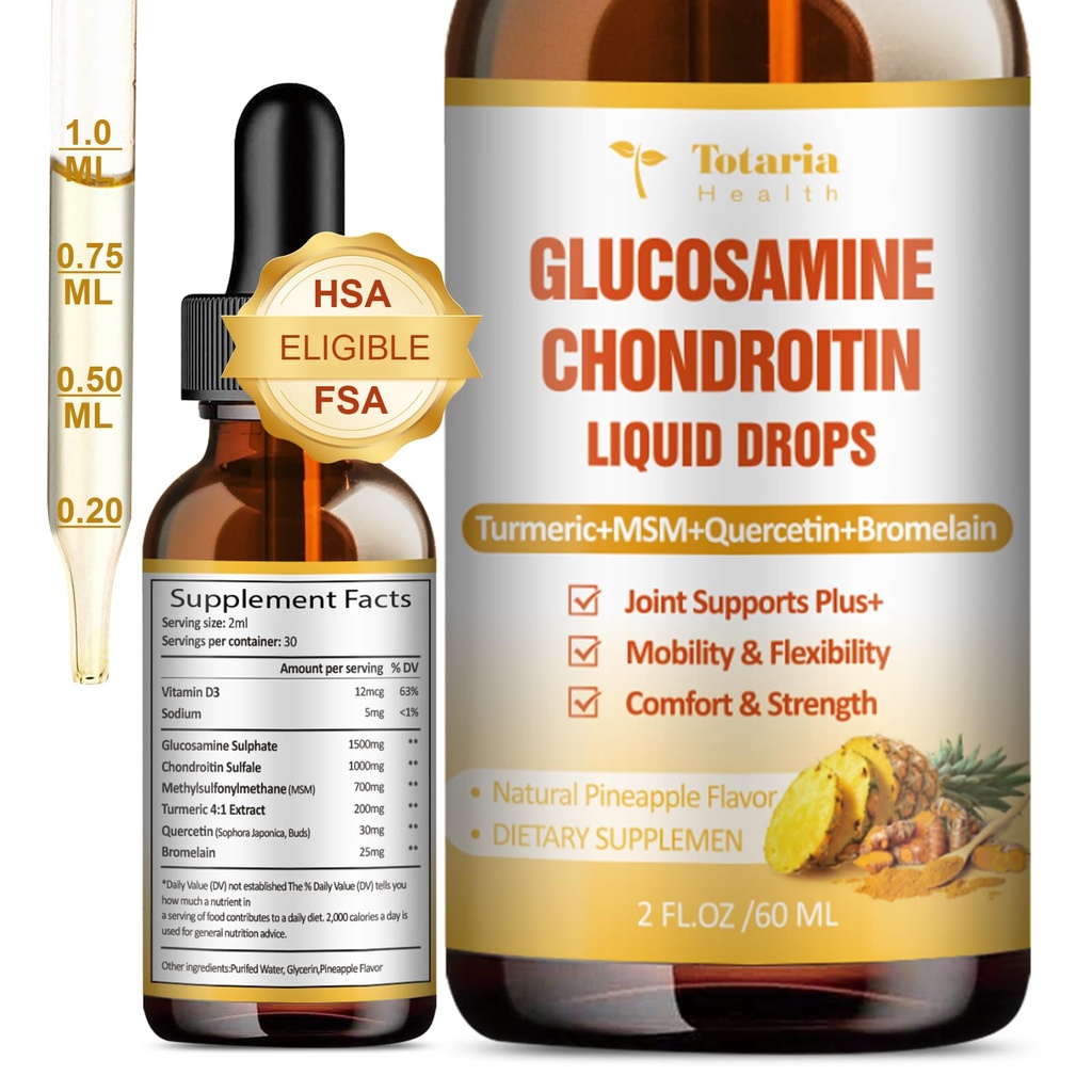 Glucosamine Chondroitin MSM液滴 FSA-HSA - 流动性、灵活性和骨头Condroitin硫酸盐联合支助补编 Turmeric、Quercetin、Bromelain、MSM Oil 2 FL.OZ