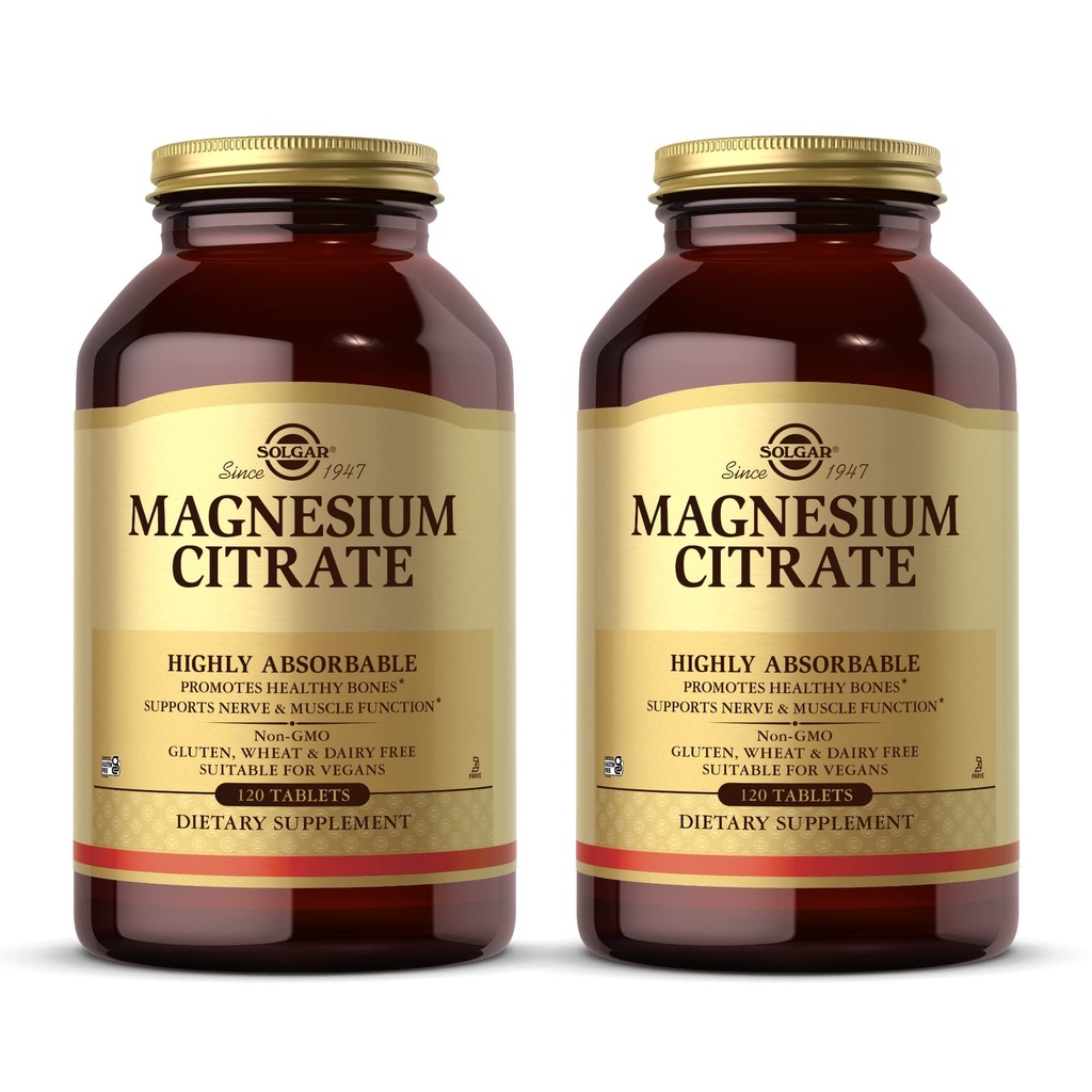 Solgar Magnesium Citrate - 120片,包2 - 支持Nerve & Muscle 函数 - 高吸附性 - 非GMO, Vegan, Gluten Free, Kosher - 120 总服务