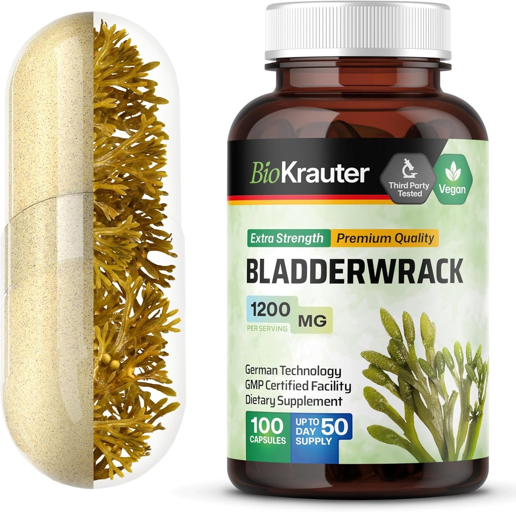 Bladderwrack Capsules 1200 mg - 100 mg - 来自天然海洋碘源的公式 - Vegan Bladderwrack Powder Caps