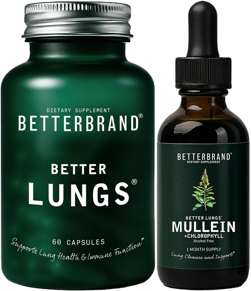 Betterbrand Better Lungs Health Pack - Better Lungs Capsules & Mullein Leaf Tincture Drops - 完全呼吸卫生补充 - 包 - 30天供应
