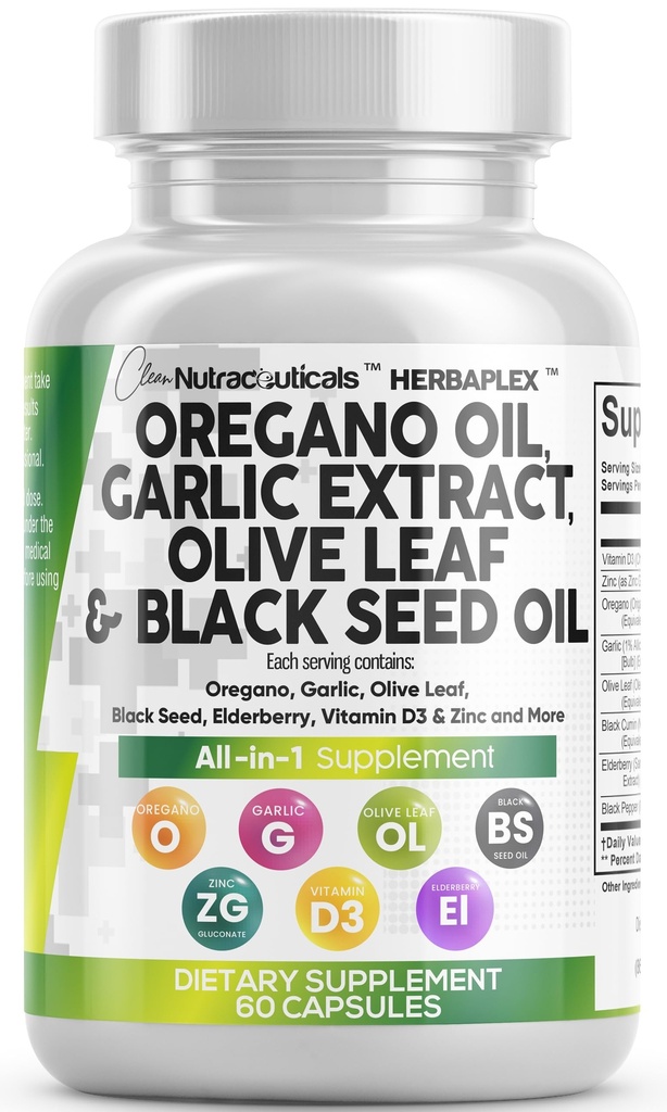 Clean Nutra Oregano Oil with Black Seed Oil Garlic Olive Leaf Extract - Oil of Oregano Capsules Immune Support Carvacrol & Thymoquinone Supplement for Women and Men + Elderberry Vitamin D3 & Zinc