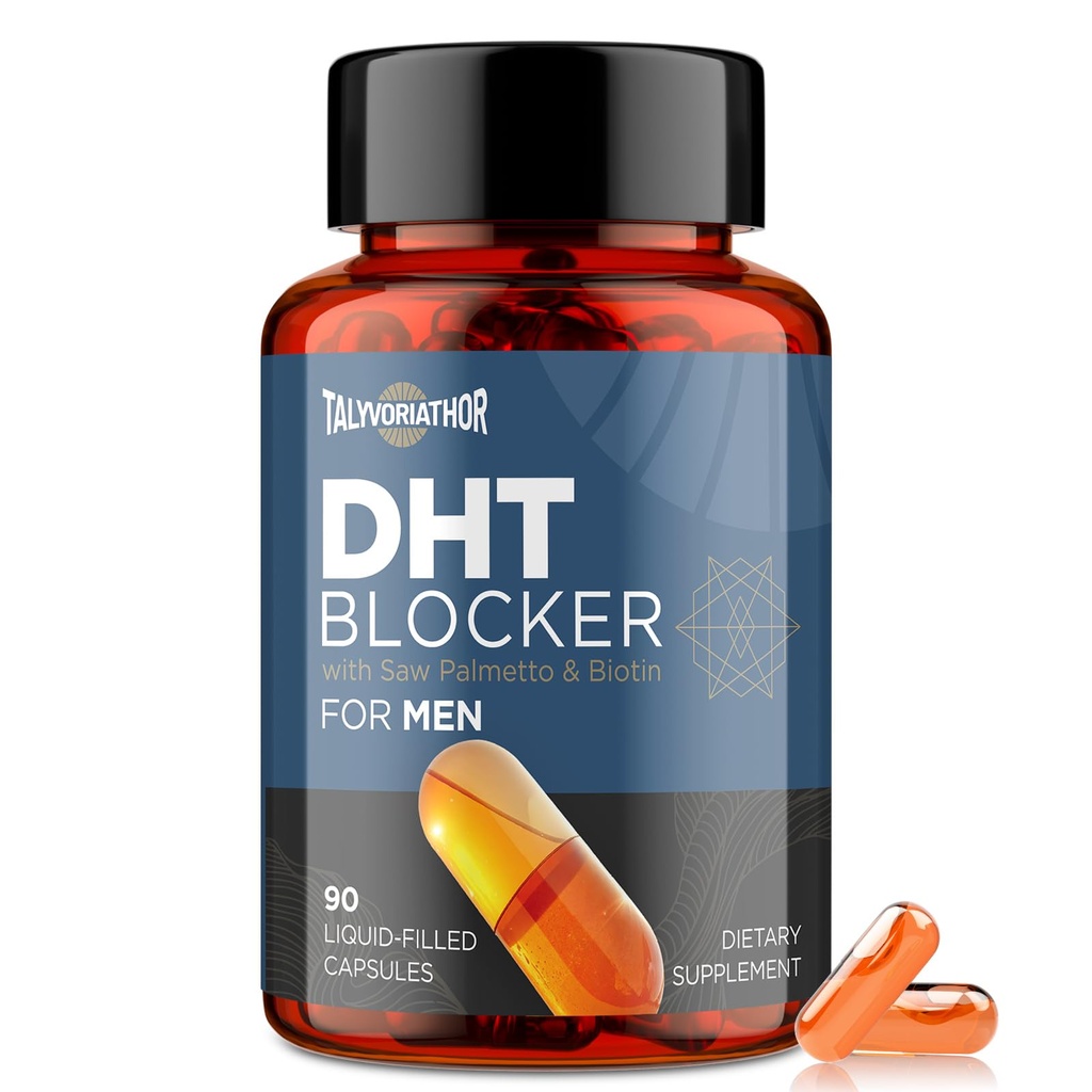 DHT Blocker for Men with Saw Palmetto & Biotin, Hair Growth Formula in Liquid-Filled Capsules, Hair Loss Supplements, Hair Regrowth Vitamins, Proprietary Herbal Blends - 90 Capsules(1 Bottle)