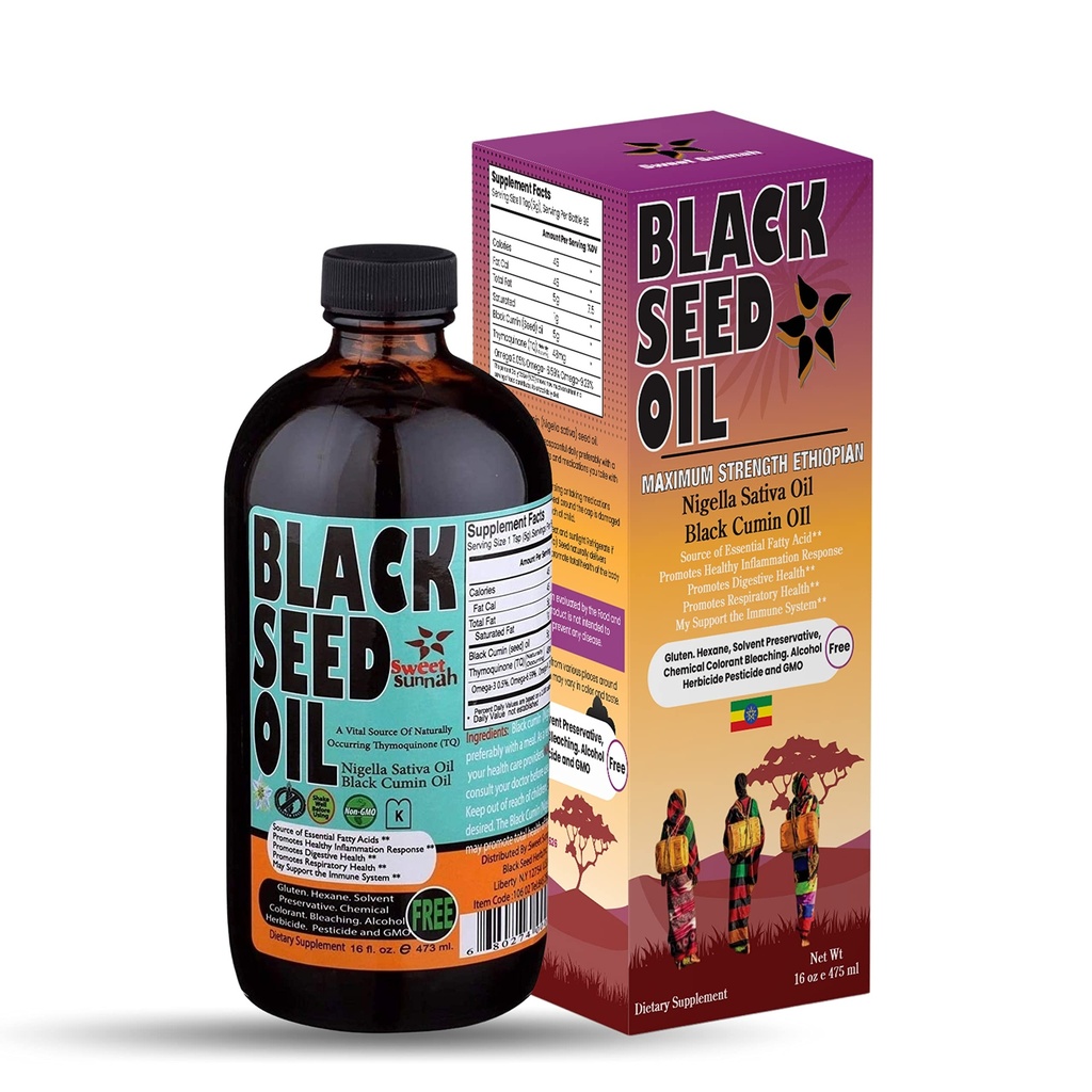 埃塞俄比亚黑种子油 - 3.43% Thymoquinone Cold-Pressed Black Cumin种子来自纯奈杰拉·萨蒂瓦 - 第一次压黑种子非GMO改进 - 16 Oz Glass Bottle Sweet Sunnah