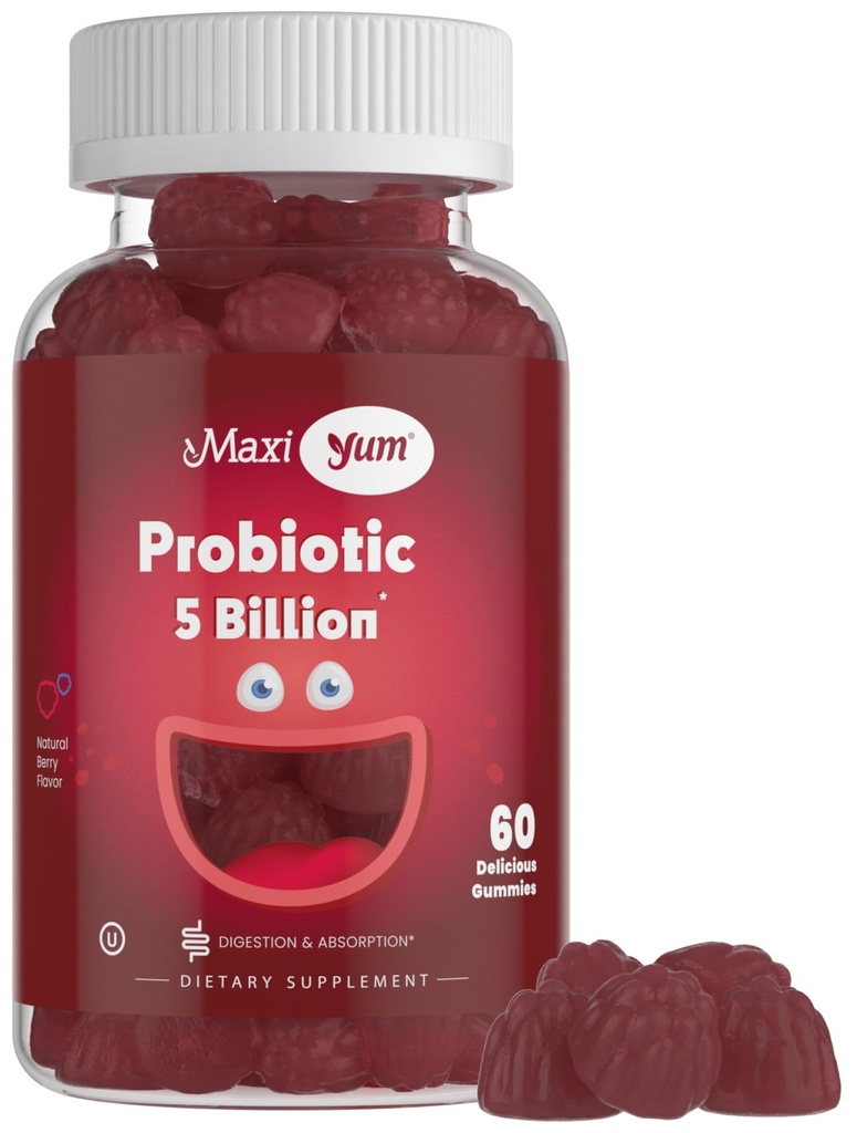 Maxi Health Yum, Probiotic Gummys 配有 5 亿 CFUs 消化性健康 Probiotics, Kosher 认证 自然莓 Flavor Gut Health Chewable Gummys for Men & Women, 60 Gummys