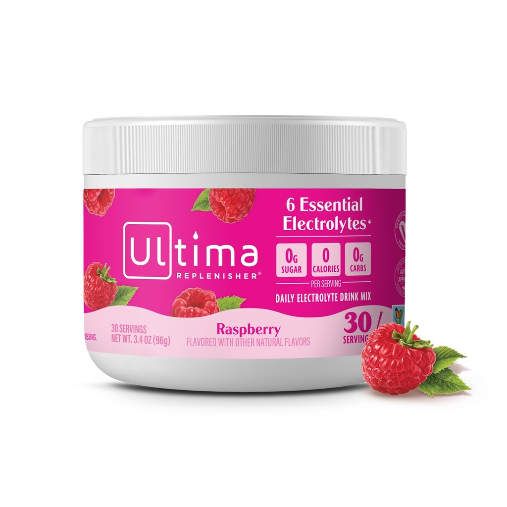 Ultima Replenisher Daily Electrolyte Powder Drink Mix – 无糖饮料 – Raspberry, 30 services – 含6个关键电解质和追踪矿物的水化粉 - Keto Friendly, Vegan, Non-GMO