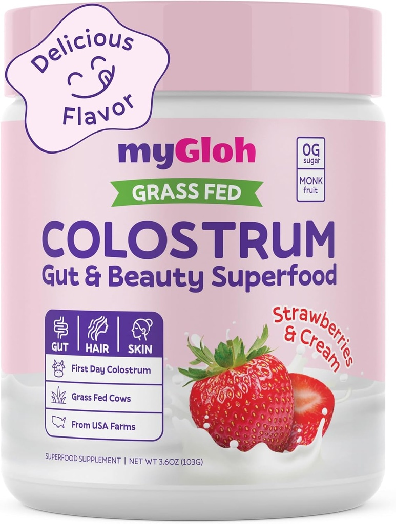 Colostrum Power Premium QQ Gut Health & Bloating, 发型生长和皮质Glow, 豁免 QQ天然火焰草莓 & Cream 草药 Bovine Colostrum 补充 QQ 高IgG, Gluten Free, Bioactives