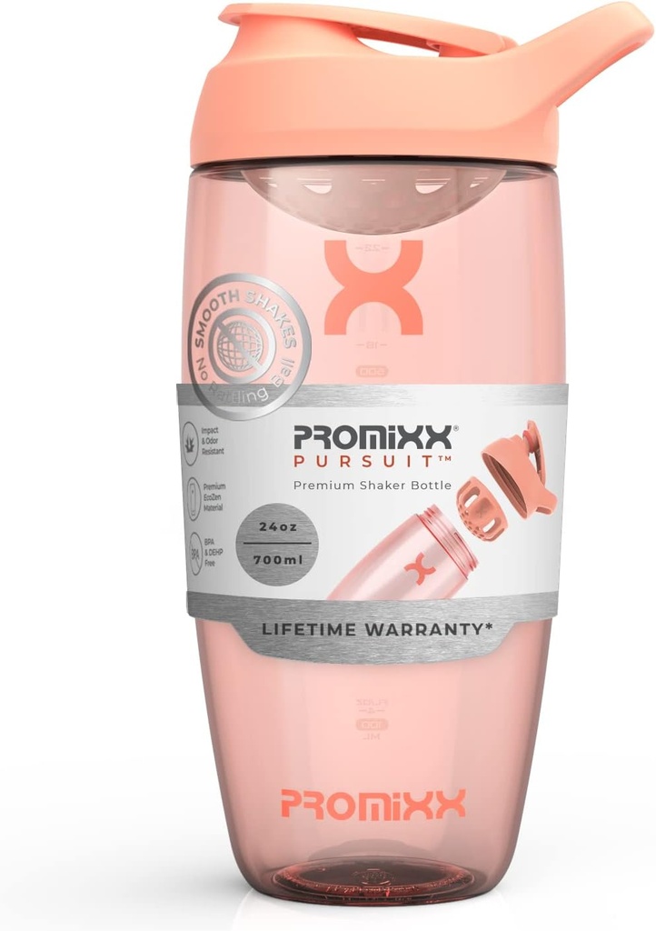 Promix 追逐蛋白质摇摆瓶(24 oz) – 寂静无声的无篮混音器,Leak-Proof Lid,BPA/BPS & Phthate-Free ECOZEN – 蛋白质摇摆,前和后工作滑动的易清摇摆杯