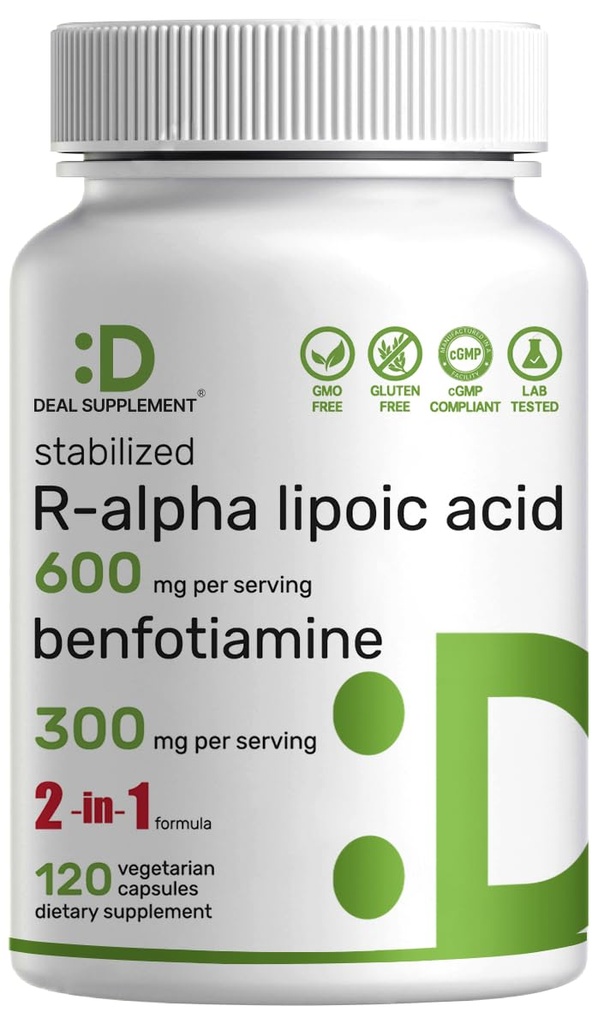 DEL Suppment R Alpha Lipoic Acid 600mg 配有 Benfotiamine 300mg Per service, 120 Vegie Capsules – 200mg R-ALA Per Capsule – 能量和神经系统支持的抗氧化剂补充
