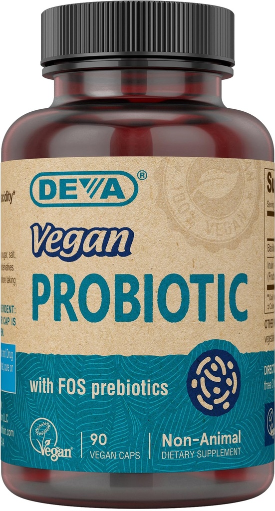 DEVA Vegan 配有FOS Prebiotics的Probiotic - 2亿CFU 配有100MG的为男女服务的Prebiotics - 非Dairy Gluten Free - 天然大陆架稳定 - 90 Capsules