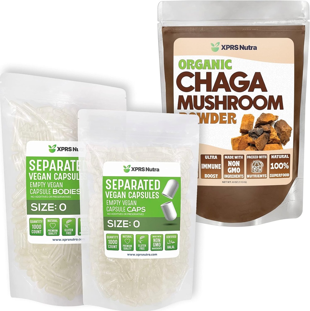 XPRS nutra 分离大小 0 Capsules (1000 Counter) 与 Chaga Powder (8 Ounce) Bundle