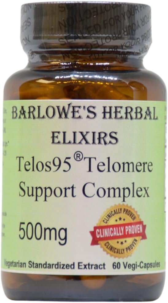 Barlowe的草药 Elixirs Telos95® Telomere 支持复合体 高级细胞健康与长寿公式 | 500mg 配有 Astragalus 提取 | 非GMO , Steate-free, Glass Bottled