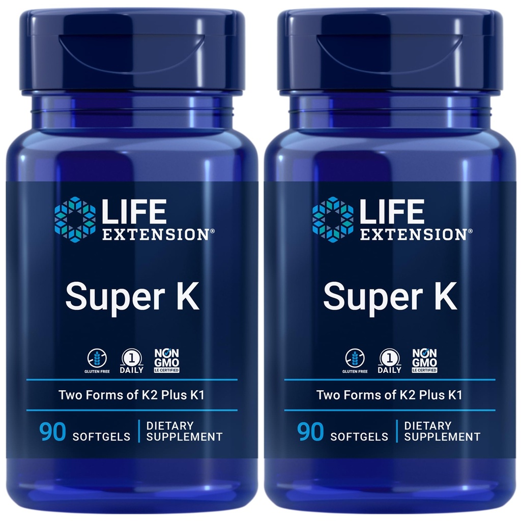 生命延长超级K,维生素K1,维生素K2 mk-7,维生素K2 mk-4,维生素C,骨/心/体健康,3-月供给,无胶,1日,非GMO,90软胶(Pack of 2)